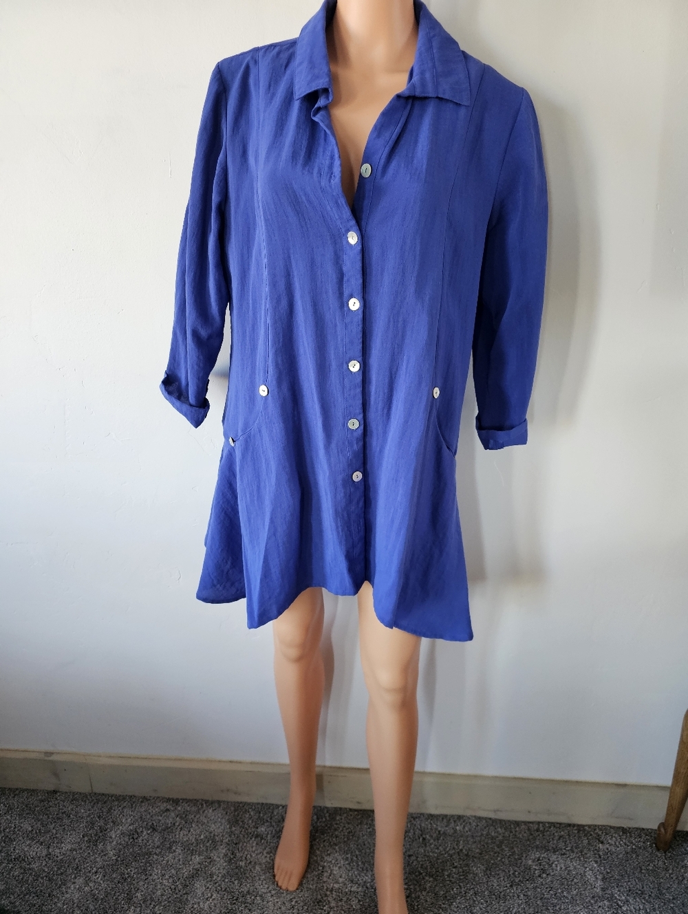 100% Linen Natural Blue Periwinkle Linen Shirt Dress Swing Tunic By Fridaze